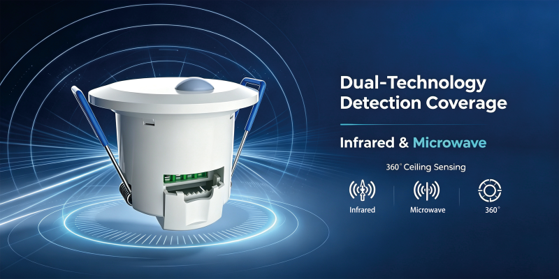 De PD-PRW26D is een aan het plafond gemonteerde bewegingssensor die microgolf- en infrarooddetectietechnologieën in één apparaat combineert.